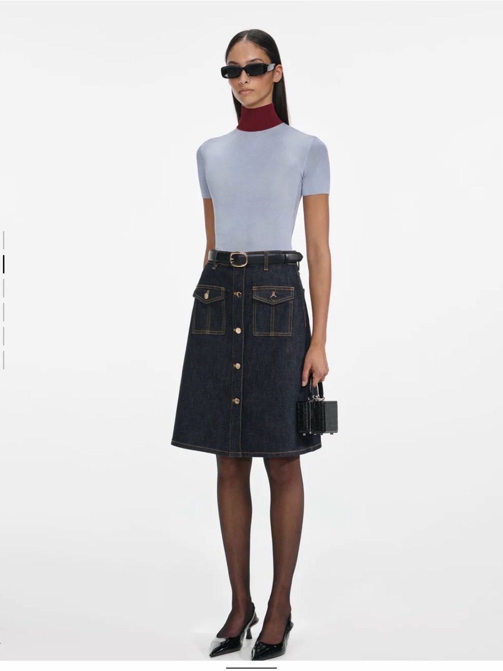 Self-Portrait Dark Indigo Midi Denim Skirt w Buttons